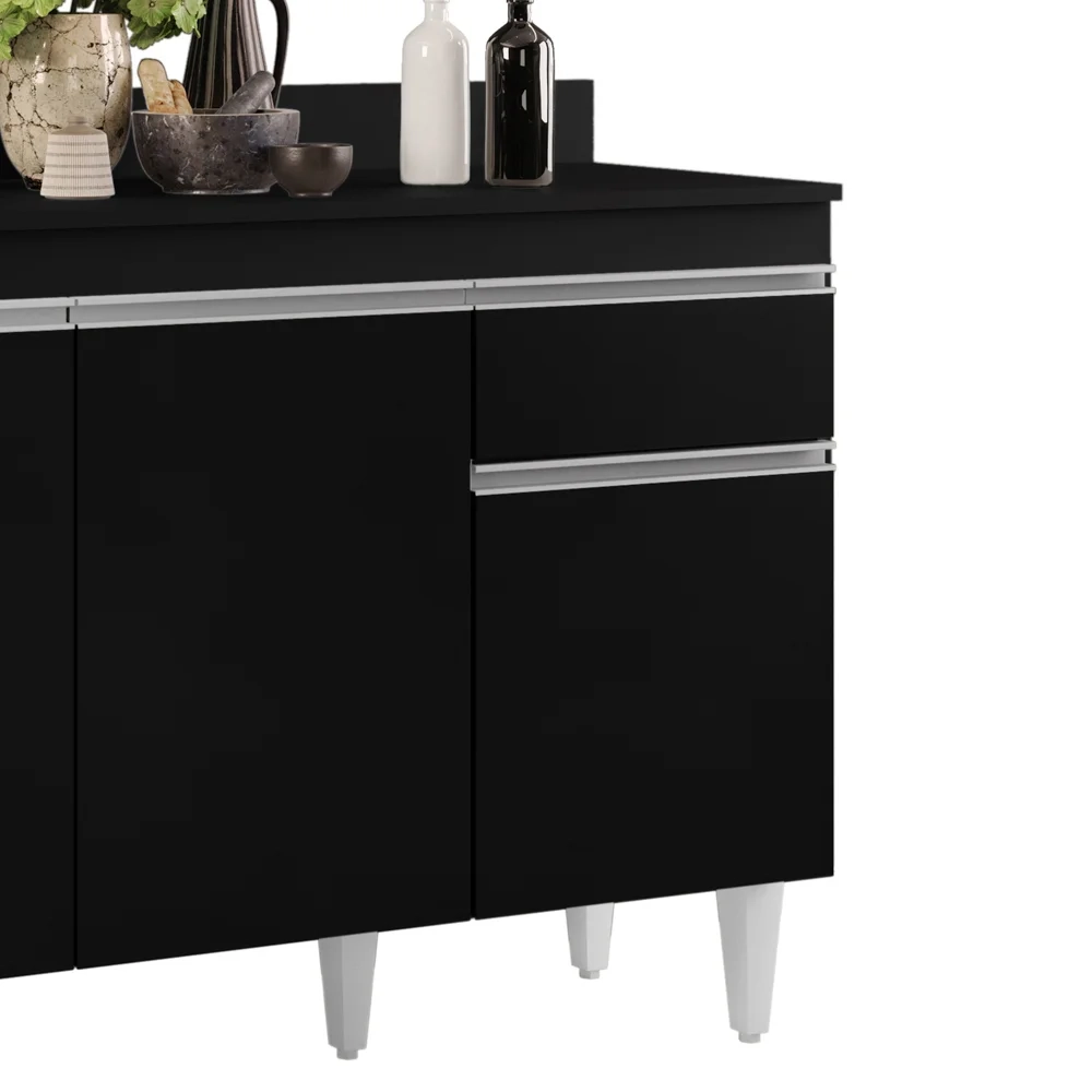 Balcão Gabinete 120cm Com Tampo 3 Portas 1 Gaveta Arizona Preto - Lumil Móveis