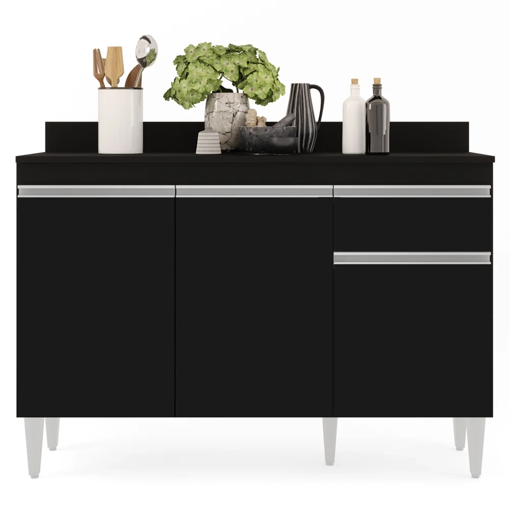 Balcão Gabinete 120cm Com Tampo 3 Portas 1 Gaveta Arizona Preto - Lumil Móveis