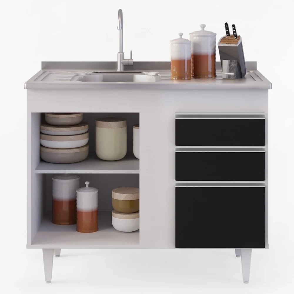 Balcão Gabinete 100cm Sem Tampo 2 Portas 2 Gavetas Luziania Branco/Preto - Lumil Móveis