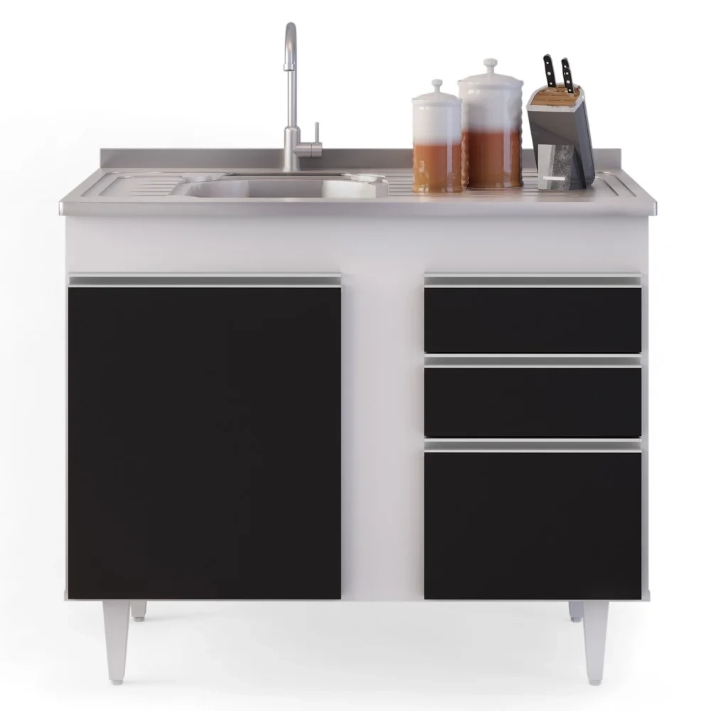 Balcão Gabinete 100cm Sem Tampo 2 Portas 2 Gavetas Luziania Branco/Preto - Lumil Móveis