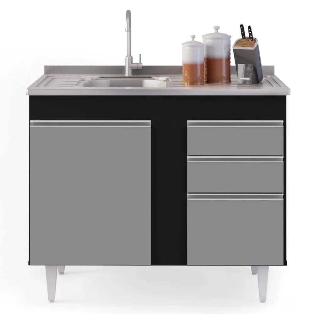 Balcão Gabinete 100cm Sem Tampo 2 Portas 2 Gavetas Luziania Preto/Cinza - Lumil Móveis