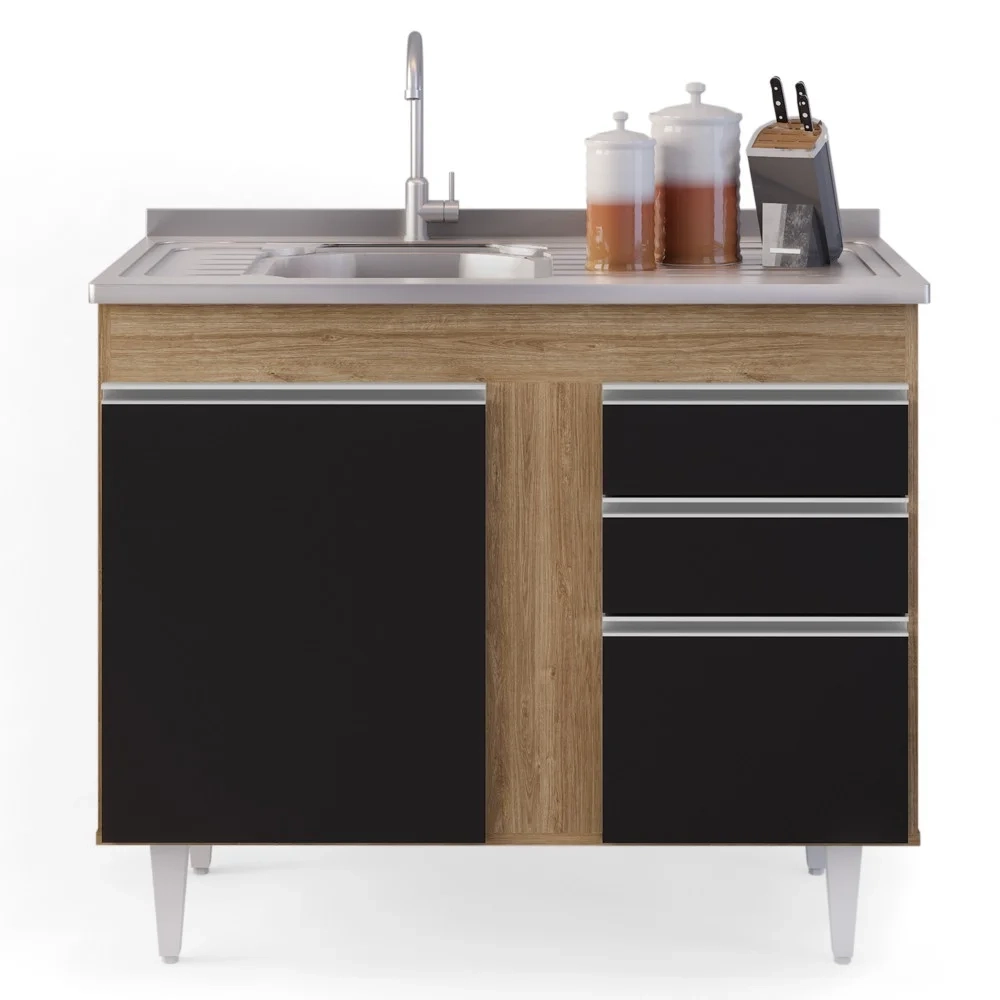 Balcão Gabinete 100cm Sem Tampo 2 Portas 2 Gavetas Luziania Castanho/Preto - Lumil Móveis