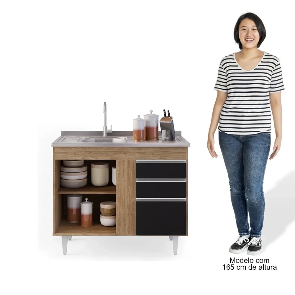 Balcão Gabinete 100cm Sem Tampo 2 Portas 2 Gavetas Luziania Castanho/Preto - Lumil Móveis