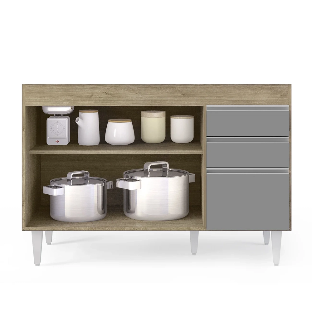 Balcão Gabinete 120cm 3 Portas 2 Gavetas Michigan Castanho/Cinza - Lumil