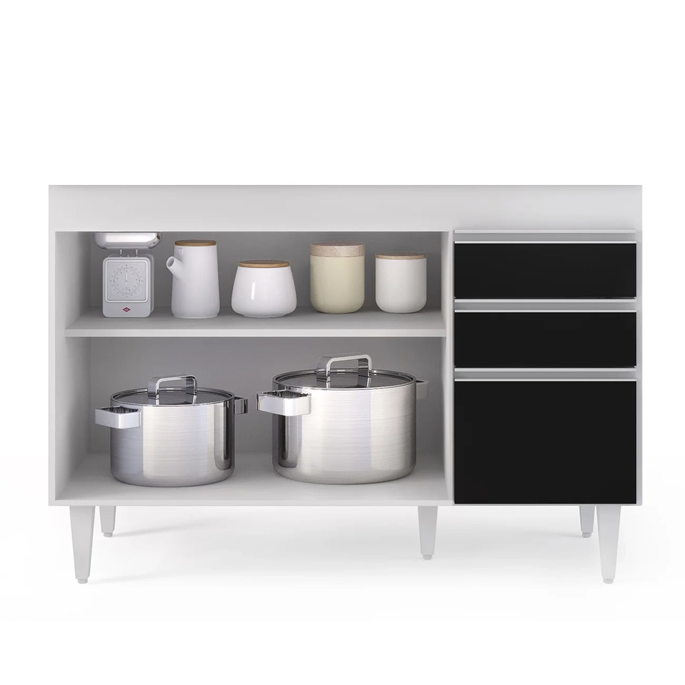 Balcão Gabinete 120cm 3 Portas 2 Gavetas Michigan Branco/Preto - Lumil