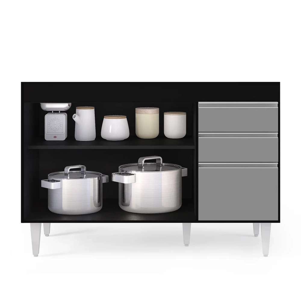 Balcão Gabinete 120cm 3 Portas 2 Gavetas Michigan Preto/Cinza - Lumil