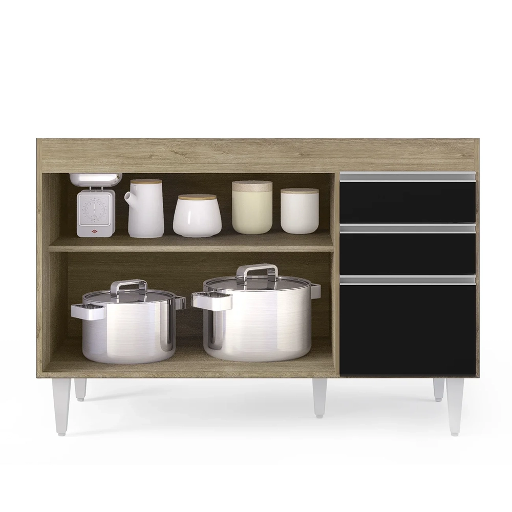 Balcão Gabinete 120cm 3 Portas 2 Gavetas Michigan Castanho/Preto - Lumil