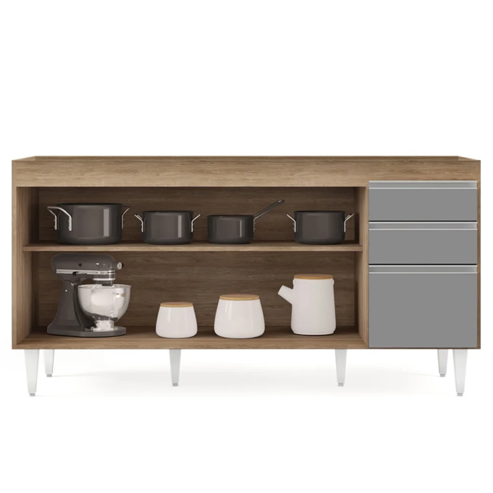 Balcão Gabinete 160cm Sem Tampo 4 Portas 2 Gavetas Arkansas Castanho/Cinza - Lumil Móveis