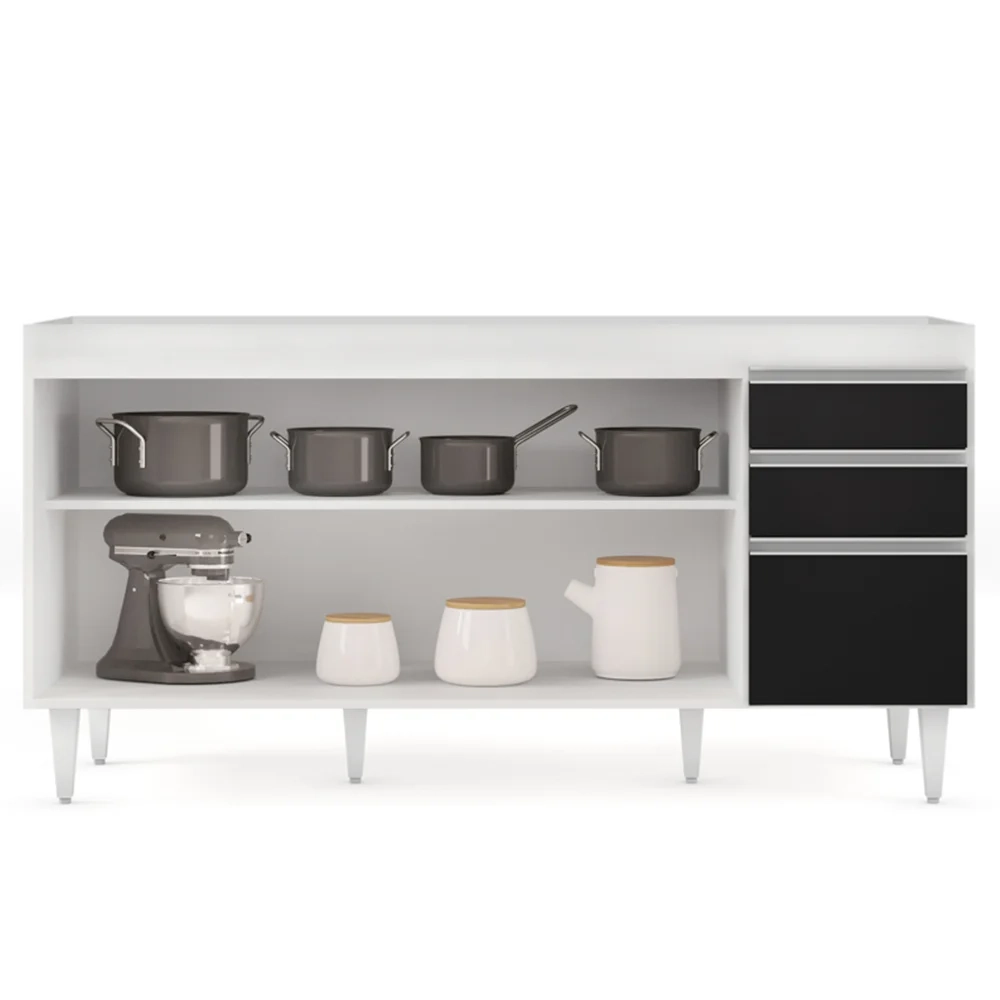 Balcão Gabinete 160cm Sem Tampo 4 Portas 2 Gavetas Arkansas Branco/Preto - Lumil Móveis