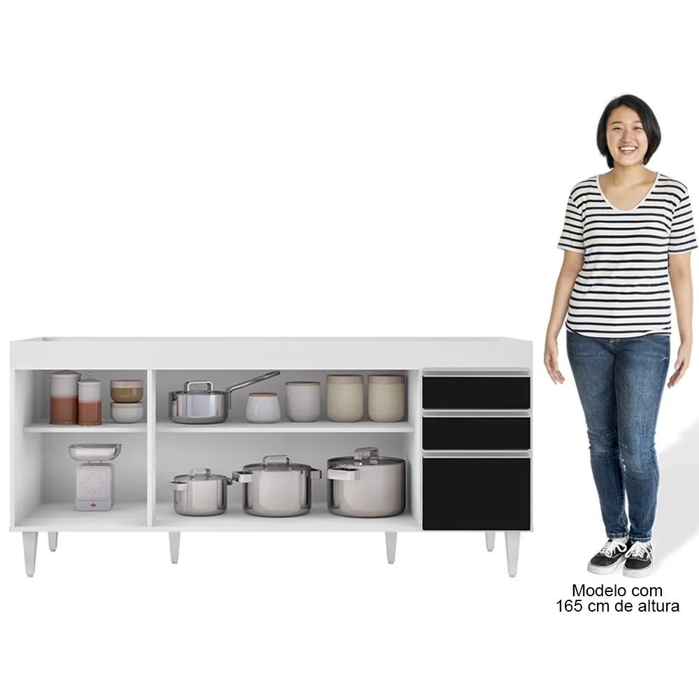 Balcão Gabinete 160cm Sem Tampo 4 Portas 2 Gavetas Arkansas Branco/Preto - Lumil Móveis