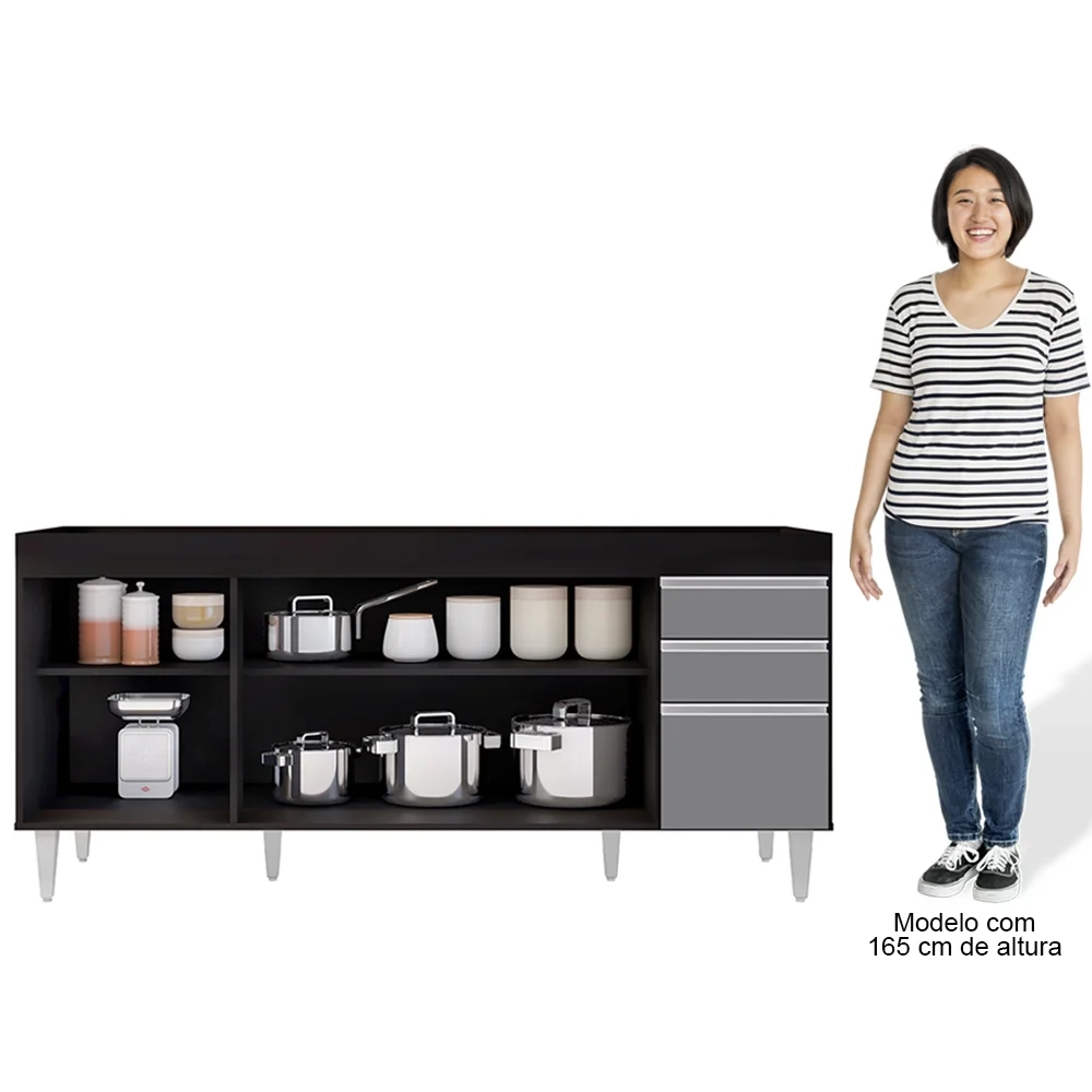 Balcão Gabinete 160cm Sem Tampo 4 Portas 2 Gavetas Arkansas Preto/Cinza - Lumil Móveis
