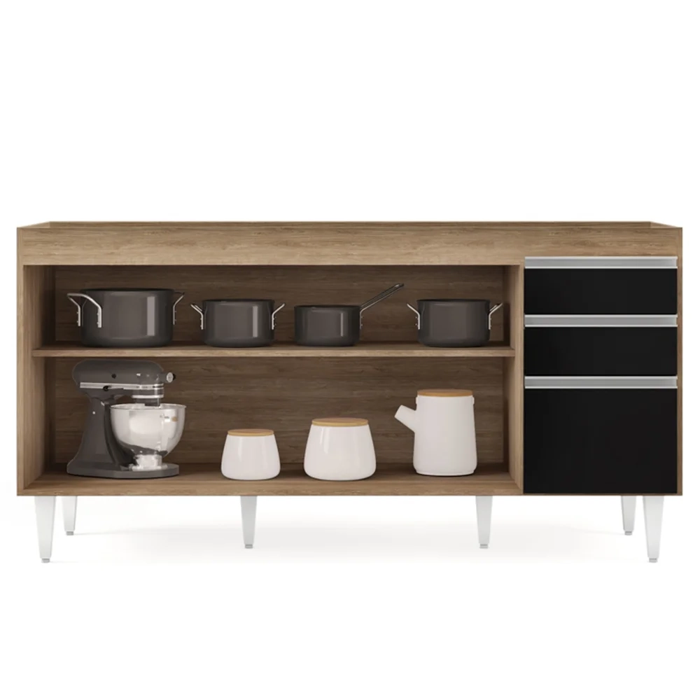 Balcão Gabinete 160cm Sem Tampo 4 Portas 2 Gavetas Arkansas Castanho/Preto - Lumil Móveis