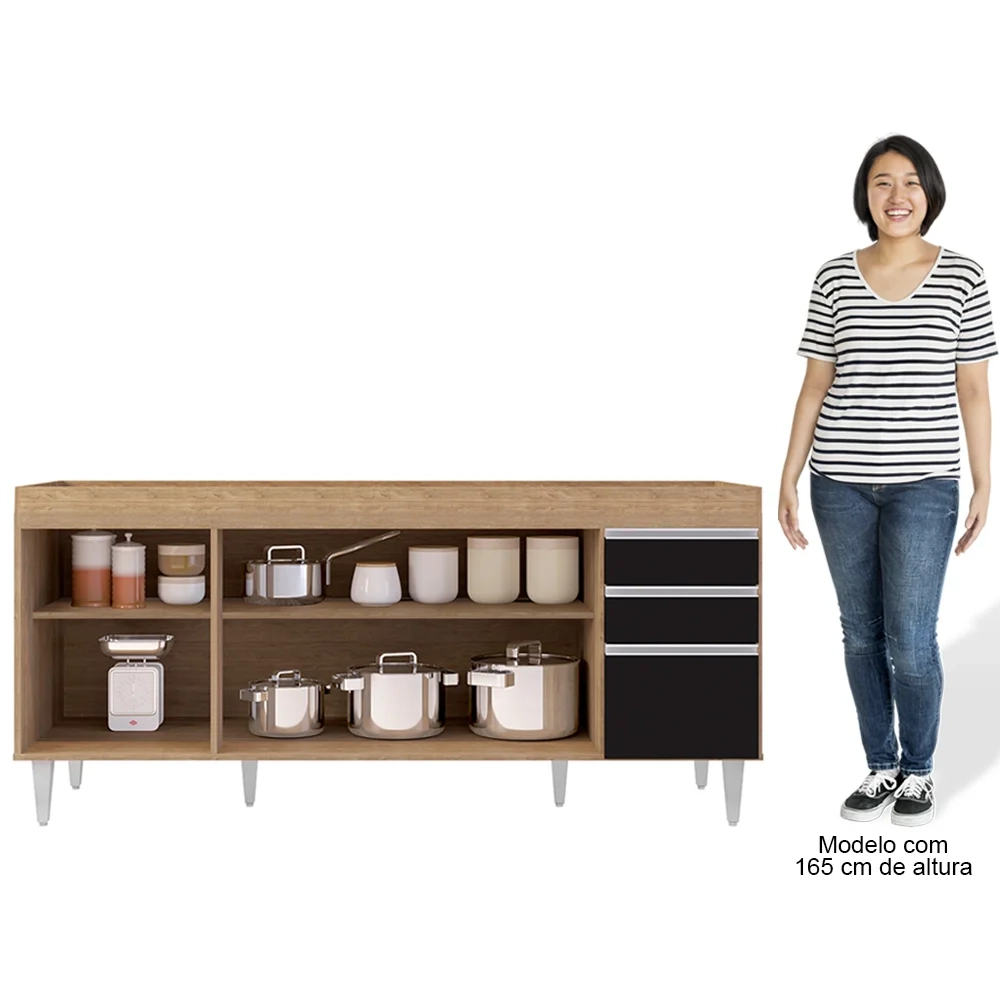 Balcão Gabinete 160cm Sem Tampo 4 Portas 2 Gavetas Arkansas Castanho/Preto - Lumil Móveis