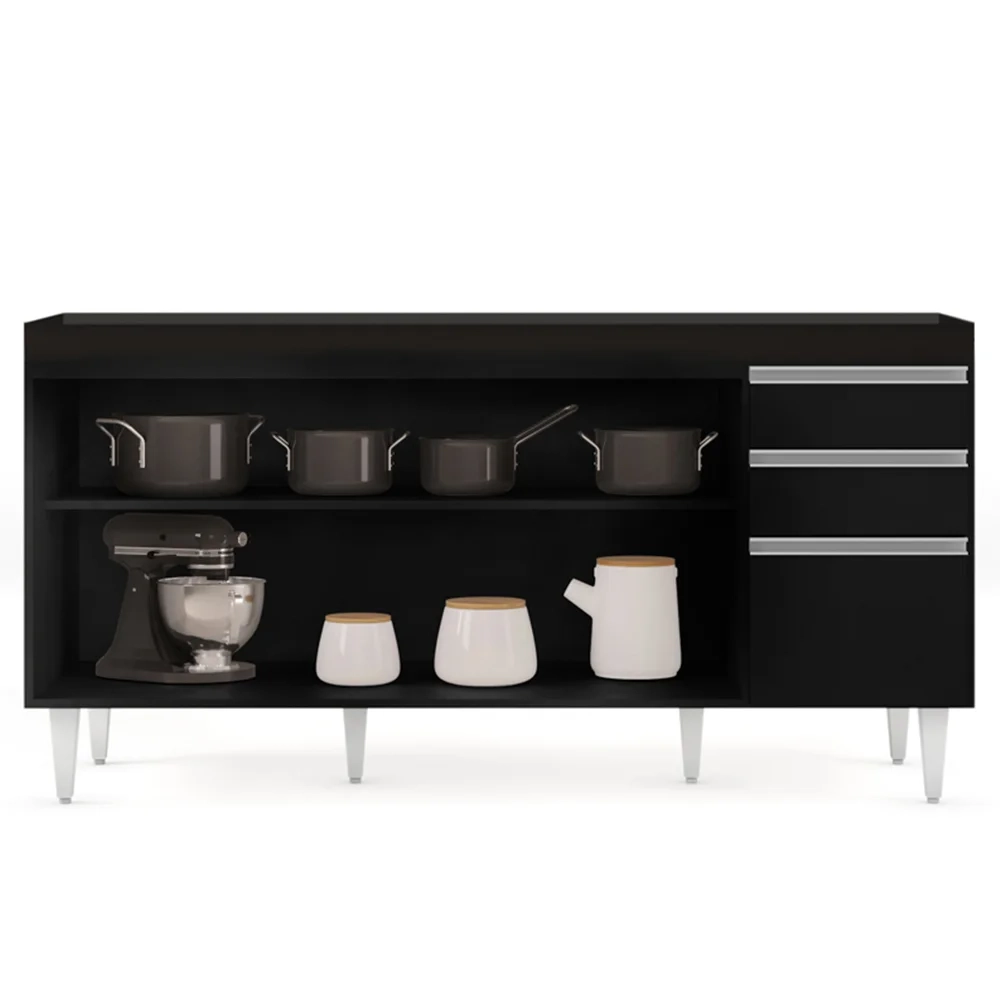 Balcão Gabinete 160cm Sem Tampo 4 Portas 2 Gavetas Arkansas Preto - Lumil Móveis