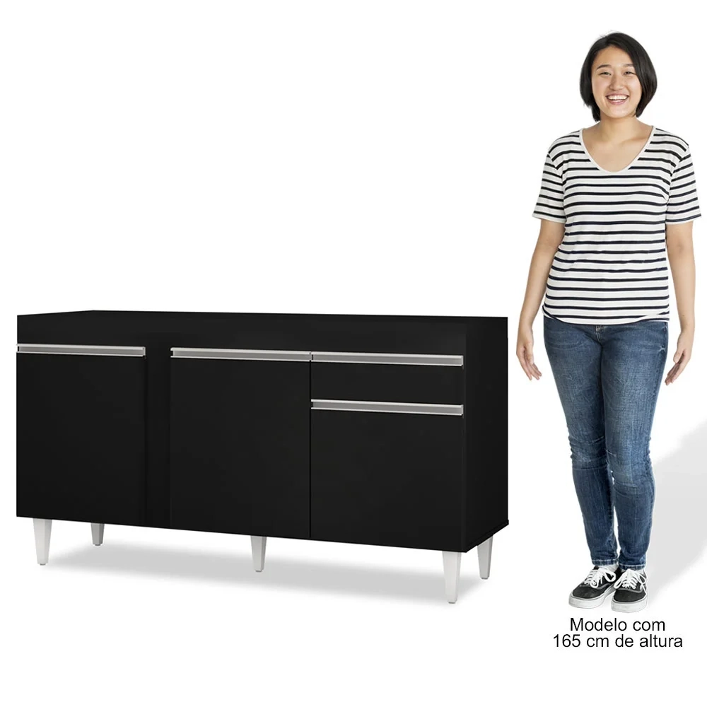 Balcão Gabinete Para Pia 150cm Sem Tampo 3 Portas 1 Gaveta Dakota Preto - Lumil