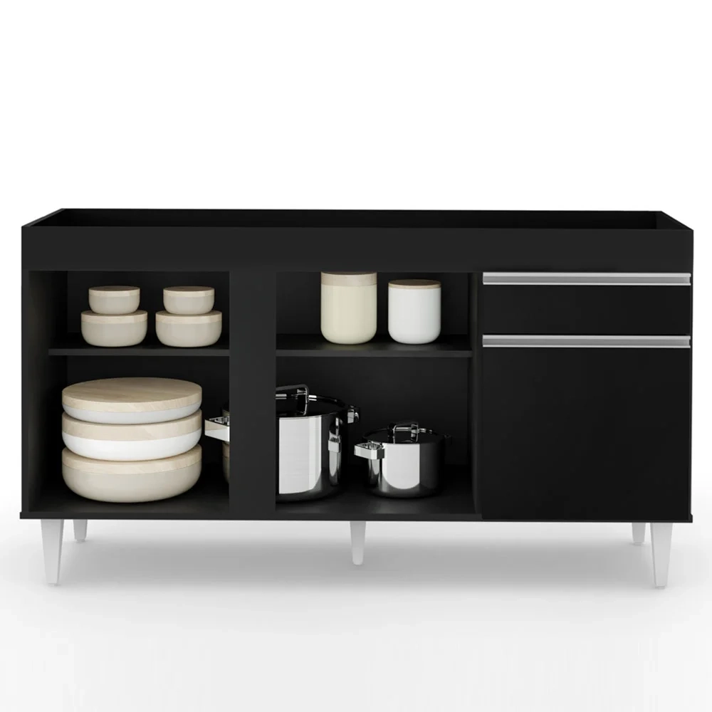 Balcão Gabinete Para Pia 150cm Sem Tampo 3 Portas 1 Gaveta Dakota Preto - Lumil