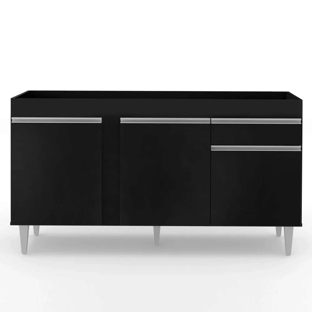 Balcão Gabinete Para Pia 150cm Sem Tampo 3 Portas 1 Gaveta Dakota Preto - Lumil