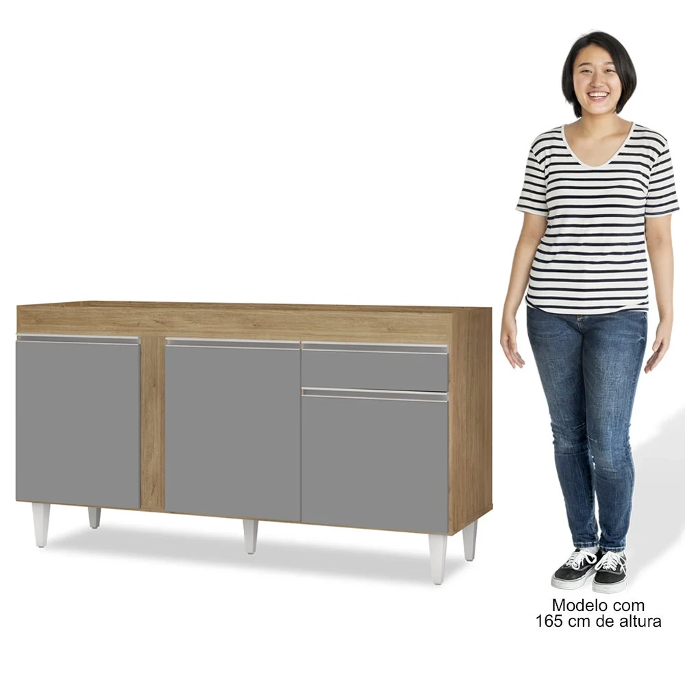 Balcão Gabinete Para Pia 150cm Sem Tampo 3 Portas 1 Gaveta Dakota Castanho/Cinza - Lumil