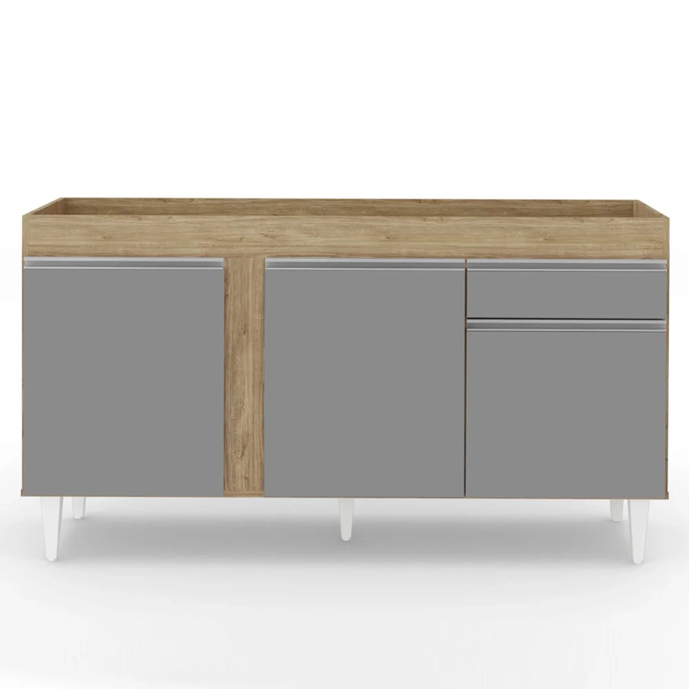 Balcão Gabinete Para Pia 150cm Sem Tampo 3 Portas 1 Gaveta Dakota Castanho/Cinza - Lumil