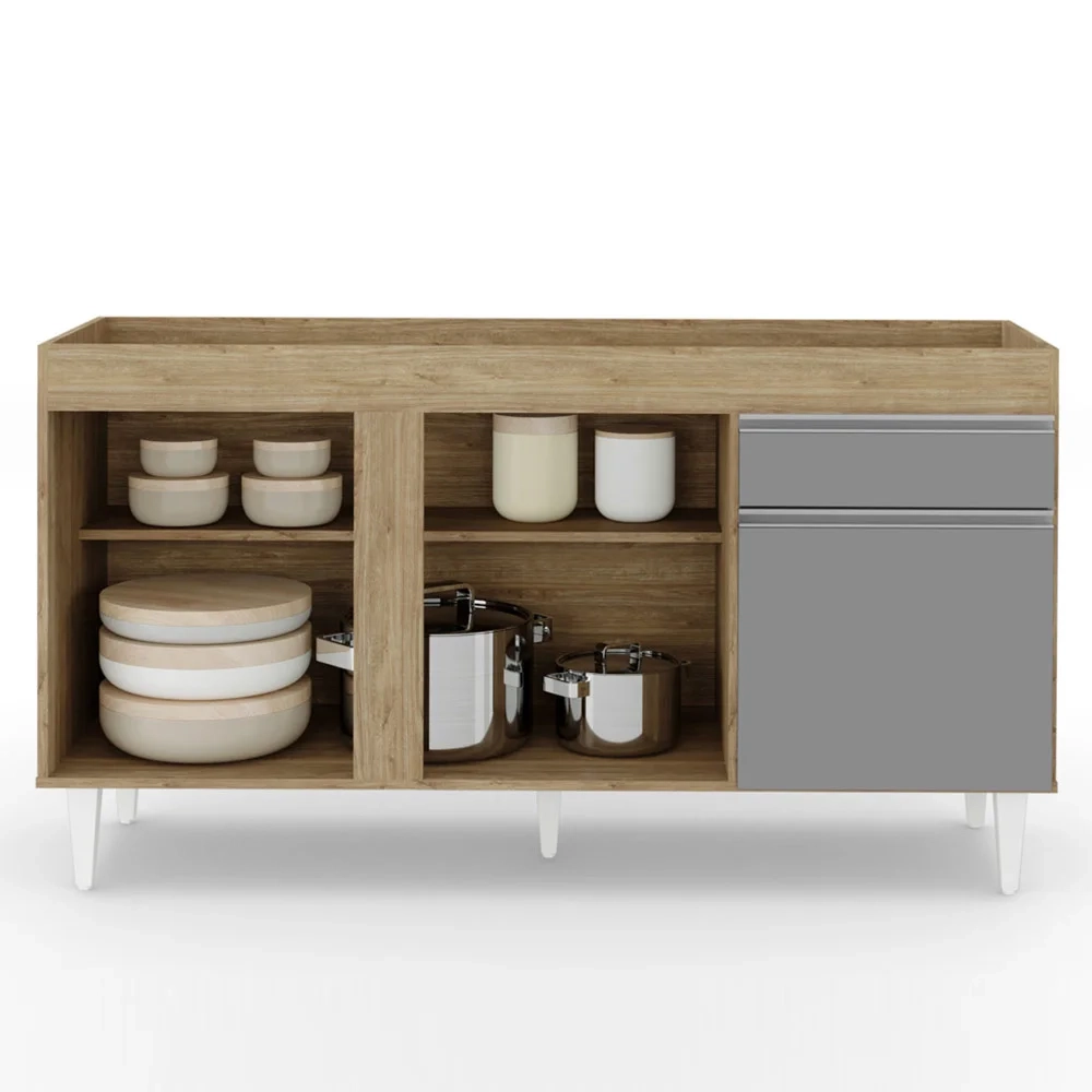 Balcão Gabinete Para Pia 150cm Sem Tampo 3 Portas 1 Gaveta Dakota Castanho/Cinza - Lumil