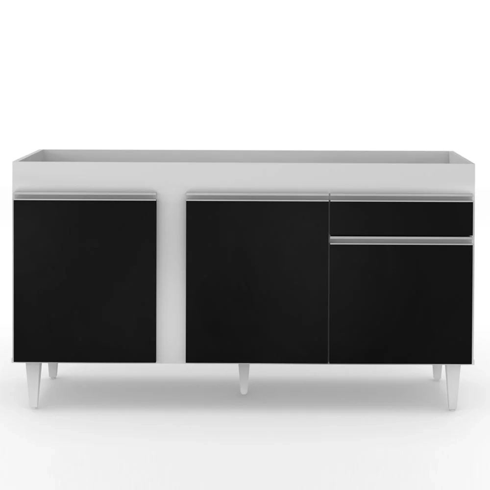 Balcão Gabinete Para Pia 150cm Sem Tampo 3 Portas 1 Gaveta Dakota Branco/Preto - Lumil