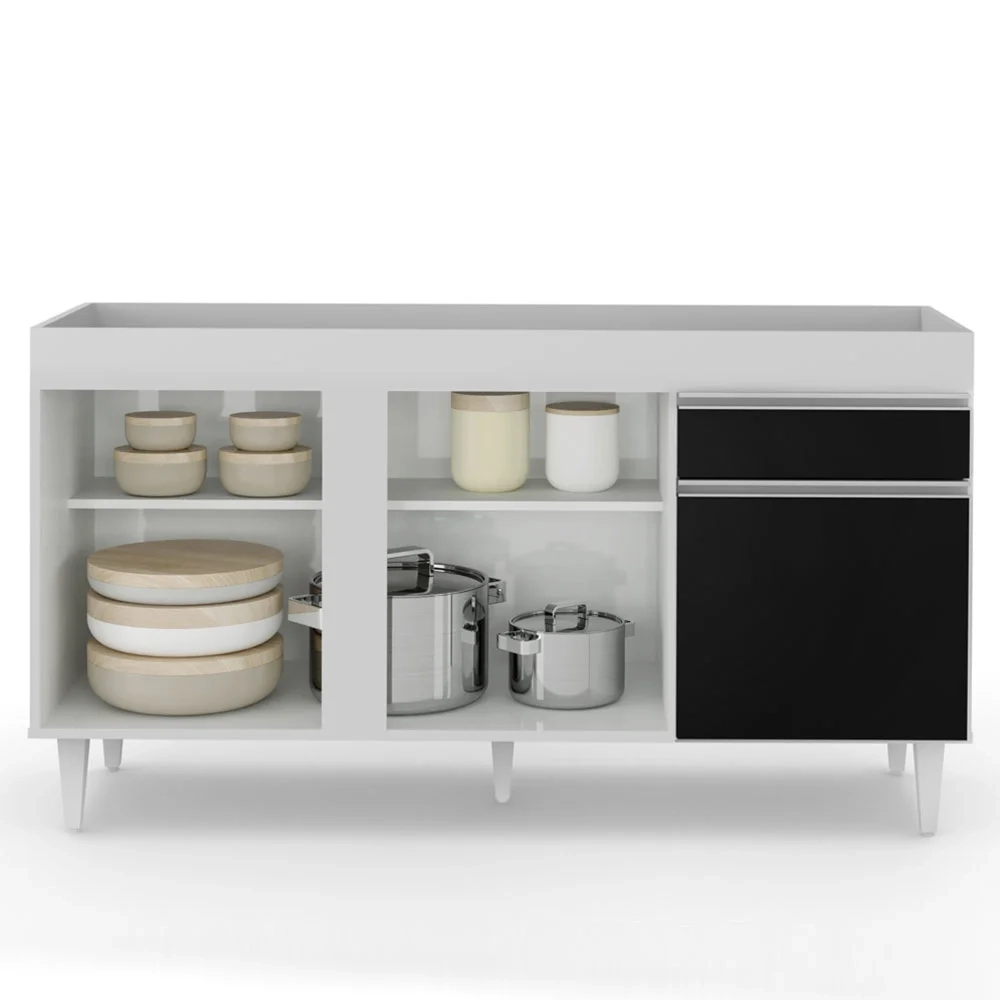 Balcão Gabinete Para Pia 150cm Sem Tampo 3 Portas 1 Gaveta Dakota Branco/Preto - Lumil