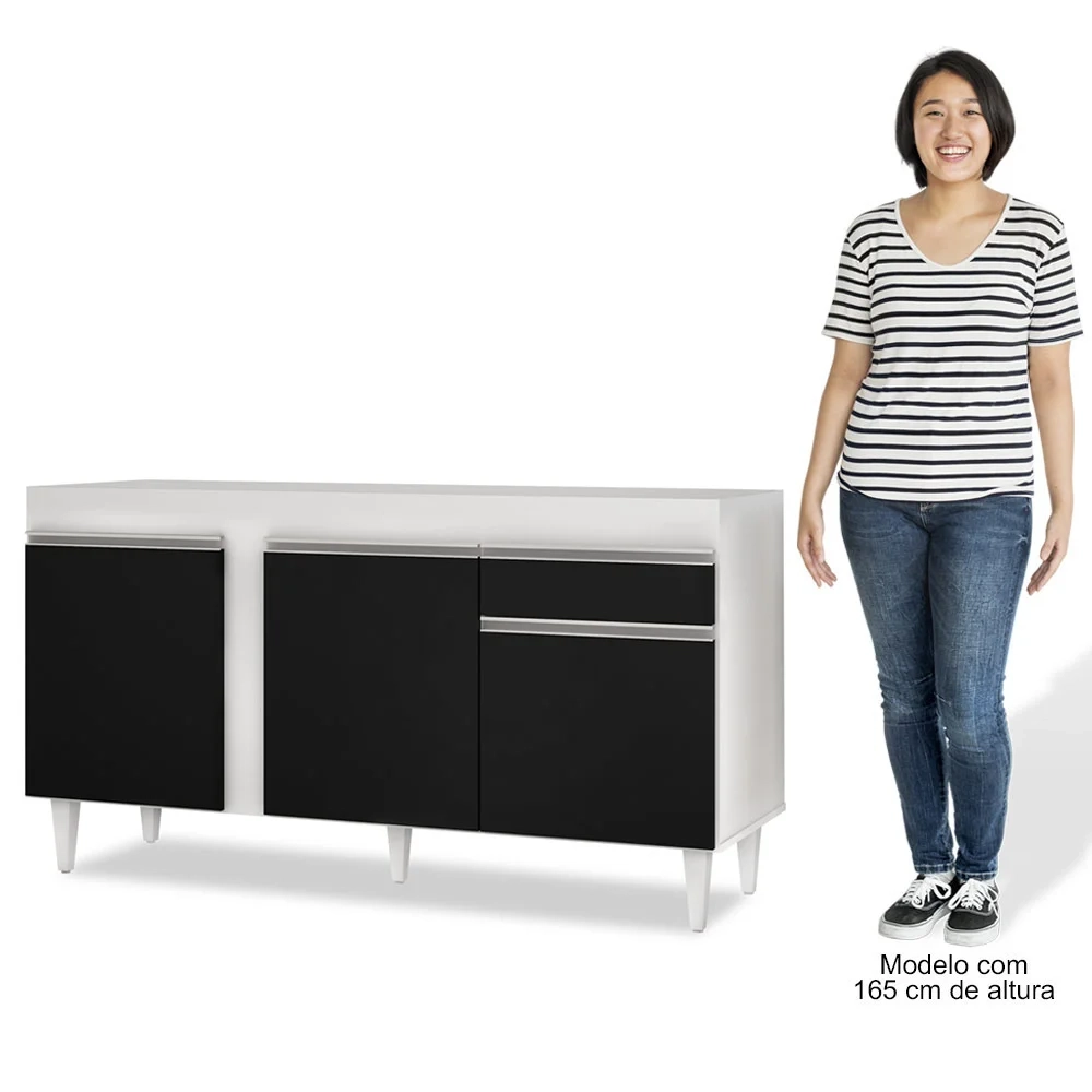 Balcão Gabinete Para Pia 150cm Sem Tampo 3 Portas 1 Gaveta Dakota Branco/Preto - Lumil