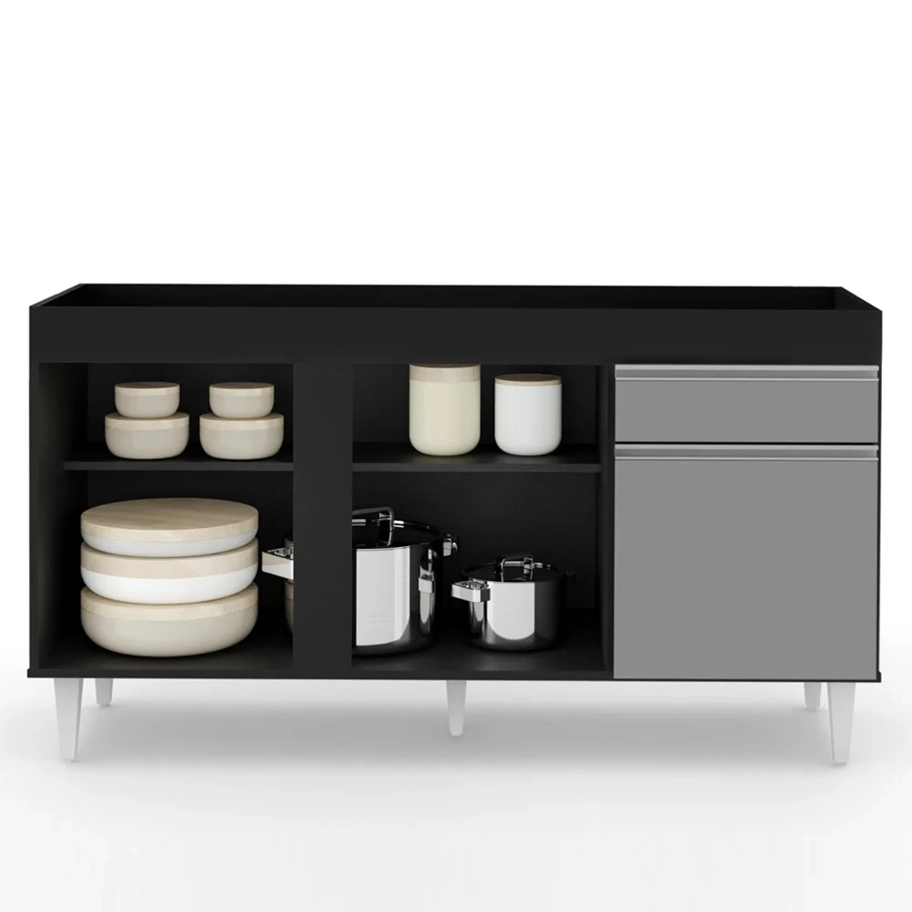 Balcão Gabinete Para Pia 150cm Sem Tampo 3 Portas 1 Gaveta Dakota Preto/Cinza - Lumil Móveis