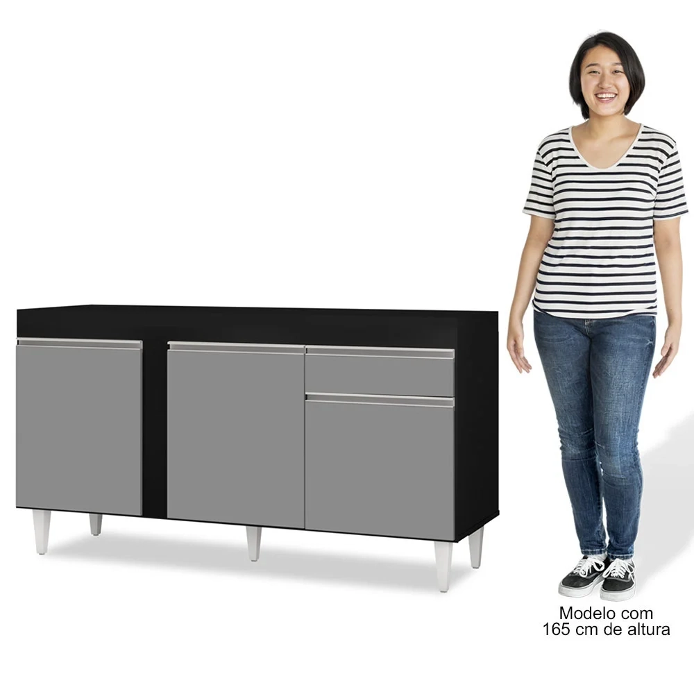 Balcão Gabinete Para Pia 150cm Sem Tampo 3 Portas 1 Gaveta Dakota Preto/Cinza - Lumil Móveis