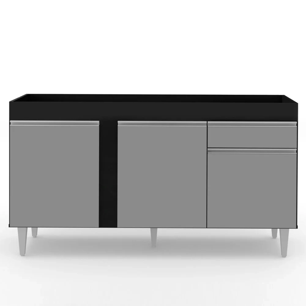 Balcão Gabinete Para Pia 150cm Sem Tampo 3 Portas 1 Gaveta Dakota Preto/Cinza - Lumil Móveis