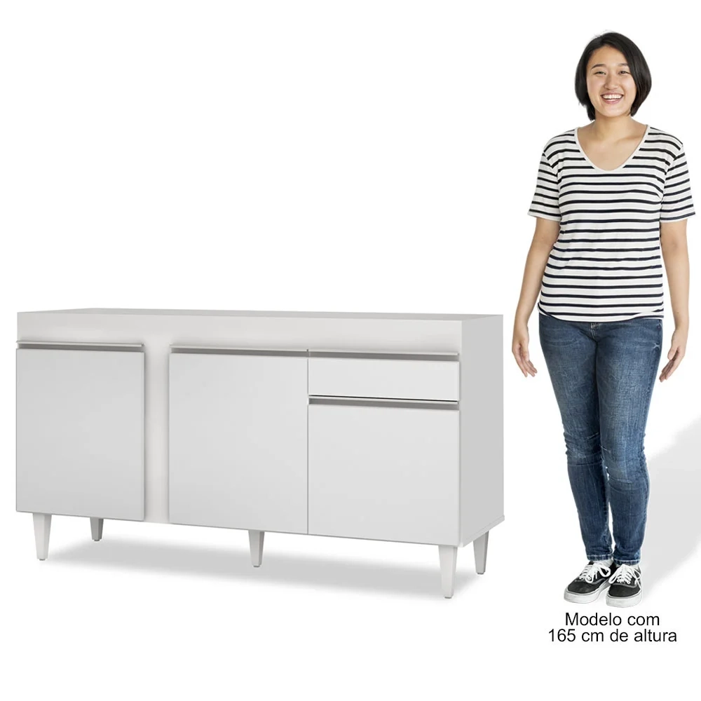 Balcão Gabinete Para Pia 150cm Sem Tampo 3 Portas 1 Gaveta Dakota Branco - Lumil Móveis