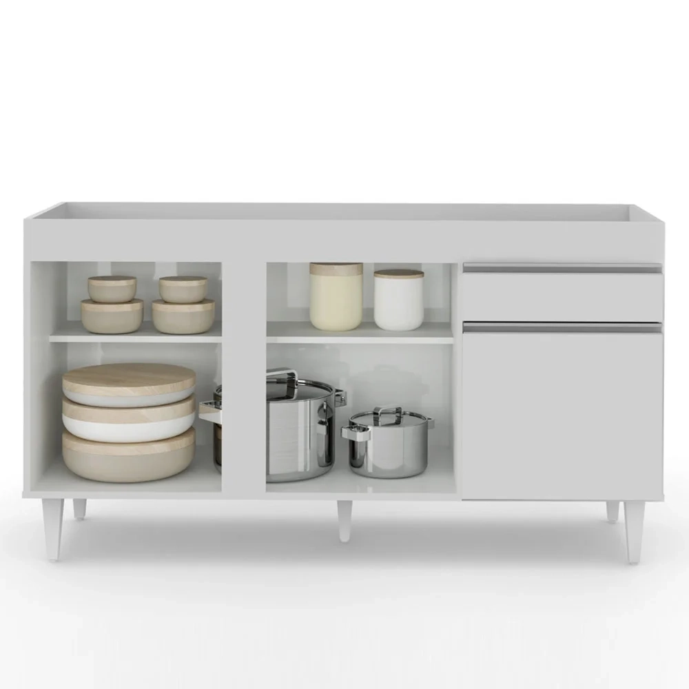 Balcão Gabinete Para Pia 150cm Sem Tampo 3 Portas 1 Gaveta Dakota Branco - Lumil Móveis