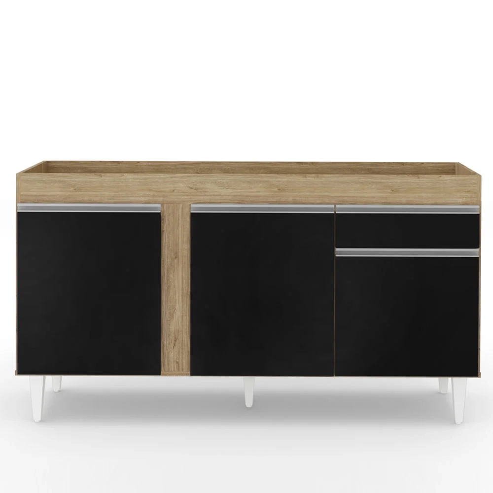 Balcão Gabinete Para Pia 150cm Sem Tampo 3 Portas 1 Gaveta Dakota Castanho/Preto - Lumil Móveis