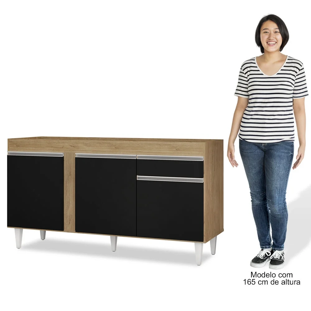 Balcão Gabinete Para Pia 150cm Sem Tampo 3 Portas 1 Gaveta Dakota Castanho/Preto - Lumil Móveis