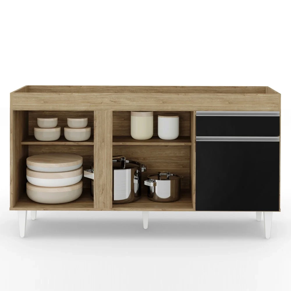 Balcão Gabinete Para Pia 150cm Sem Tampo 3 Portas 1 Gaveta Dakota Castanho/Preto - Lumil Móveis