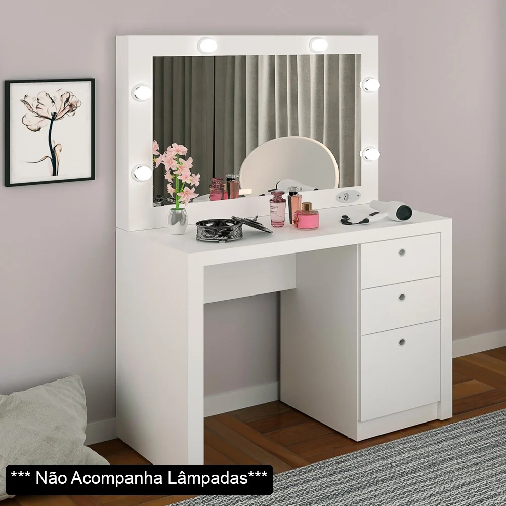 Penteadeira Camarim Com Espelho 3 Gavetas PE2010 Branco - Tecno Mobili