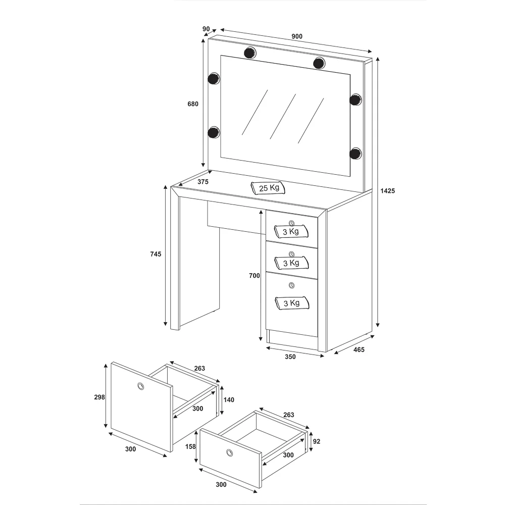 Penteadeira Camarim Com Espelho 3 Gavetas PE2010 Branco - Tecno Mobili