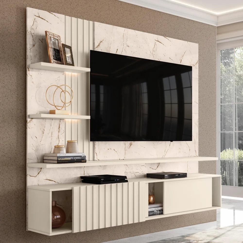 Painel Para TV Até 55 Pol. Bancada Suspensa Atena Calacata/Off White - Madetec