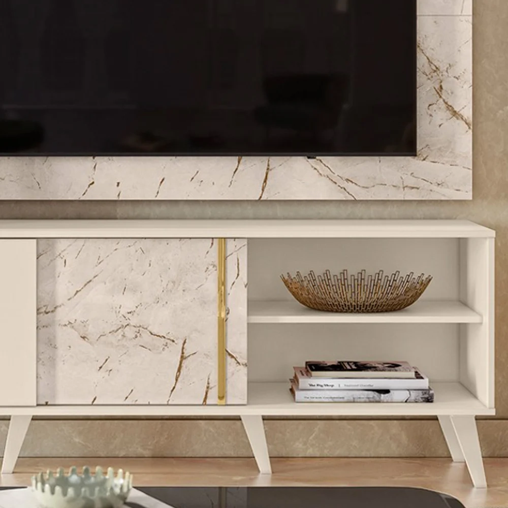 Rack Com Painel Para TV Até 65 Pol. Cronos Calacata/Off White - Madetec