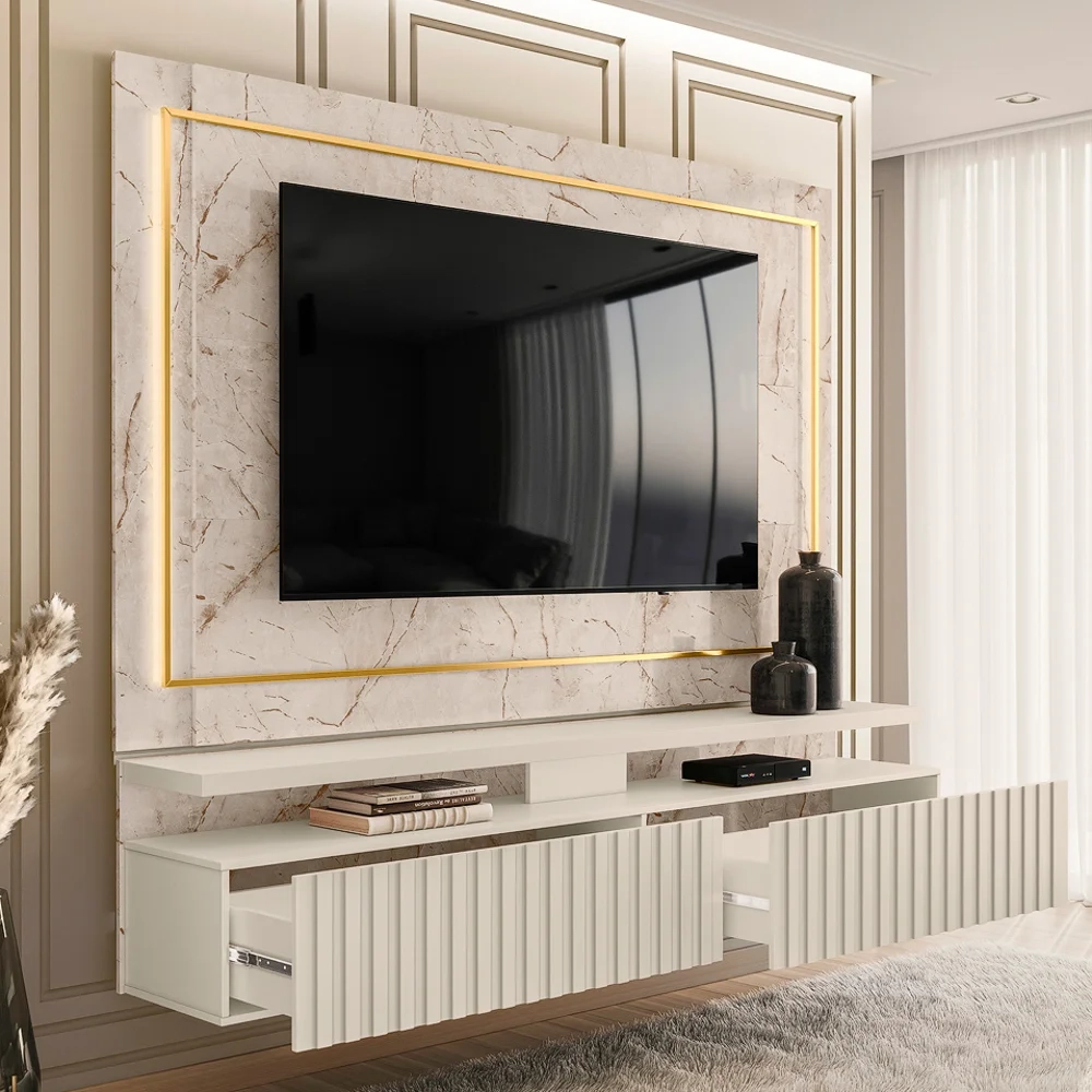 Painel Para TV Até 75 Pol. Com LED 2 Gavetas Gaia Calacata/Off White - Madetec