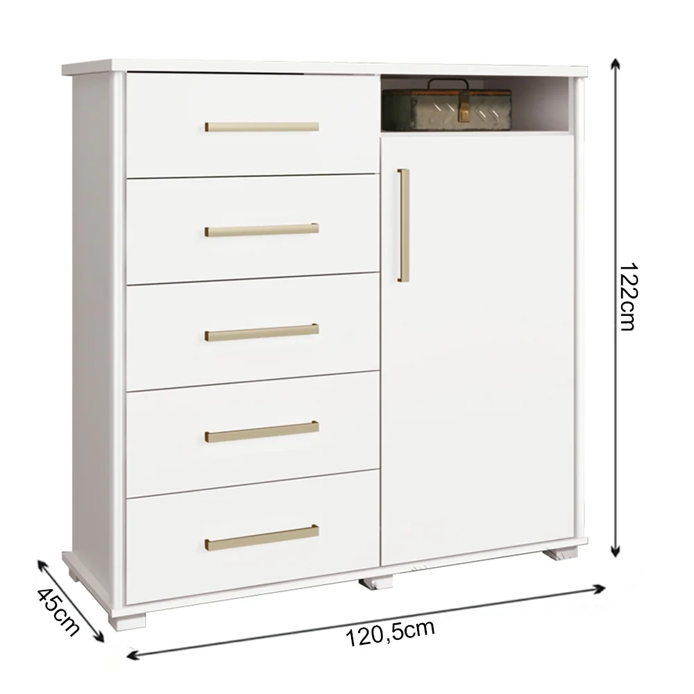 Cômoda 5 Gavetas 1 Porta Siena F08 Branco - Mpozenato