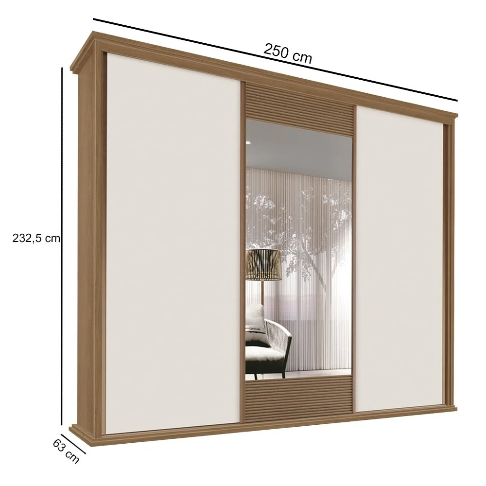 Guarda Roupa Casal 250cm 3 Portas Correr 1 Espelho Doratto F08 Freijó/Off White - Mpozenato