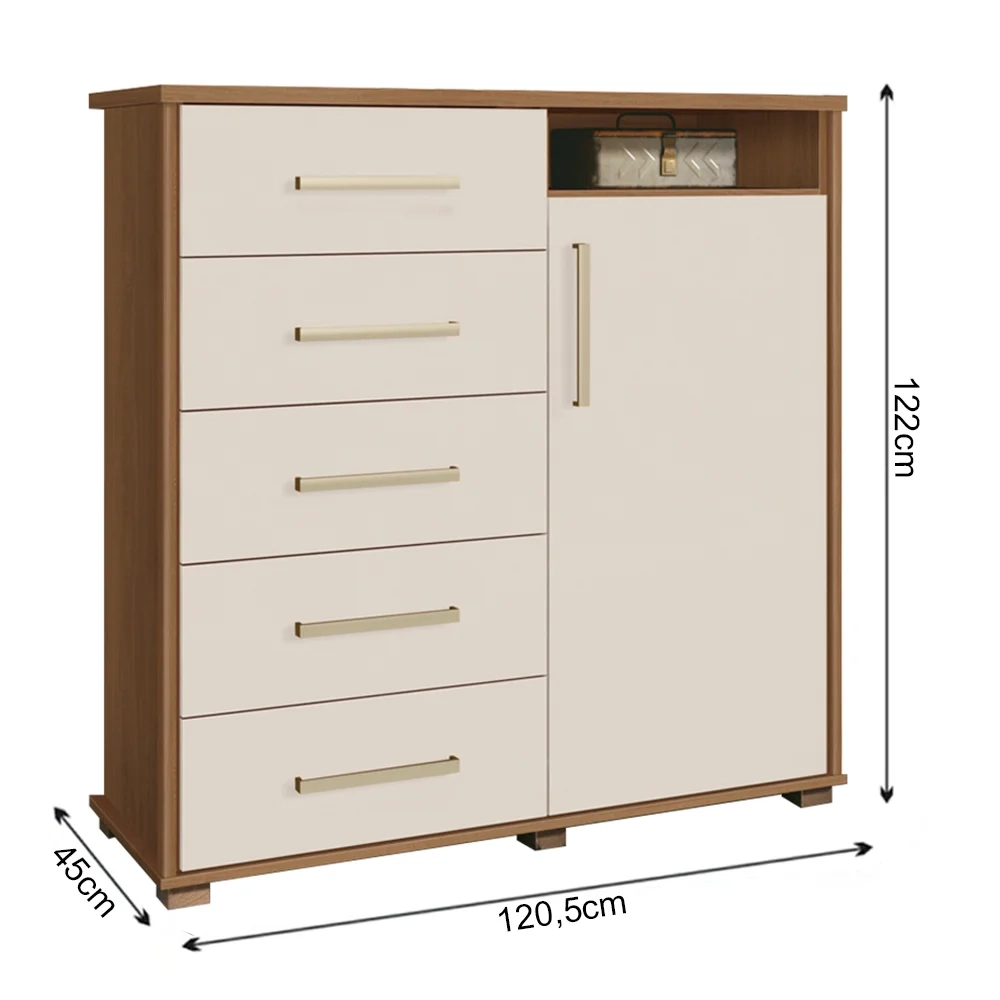 Cômoda 5 Gavetas 1 Porta Siena F08 Freijó/Off White - Mpozenato