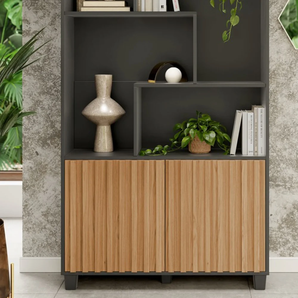 Estante Livreiro 2 Portas Ripadas Nessie D01 Preto Fosco/Freijó - Mpozenato