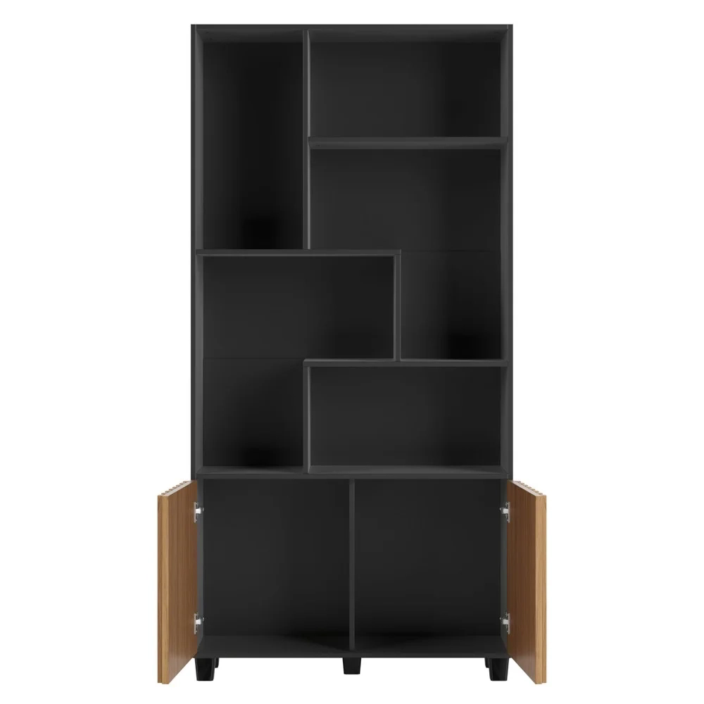 Estante Livreiro 2 Portas Ripadas Nessie D01 Preto Fosco/Freijó - Mpozenato