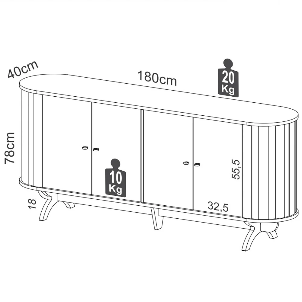 Balcão Buffet Pés Retrô 180cm 4 Portas Miles D01 Freijó/Preto Fosco - Mpozenato
