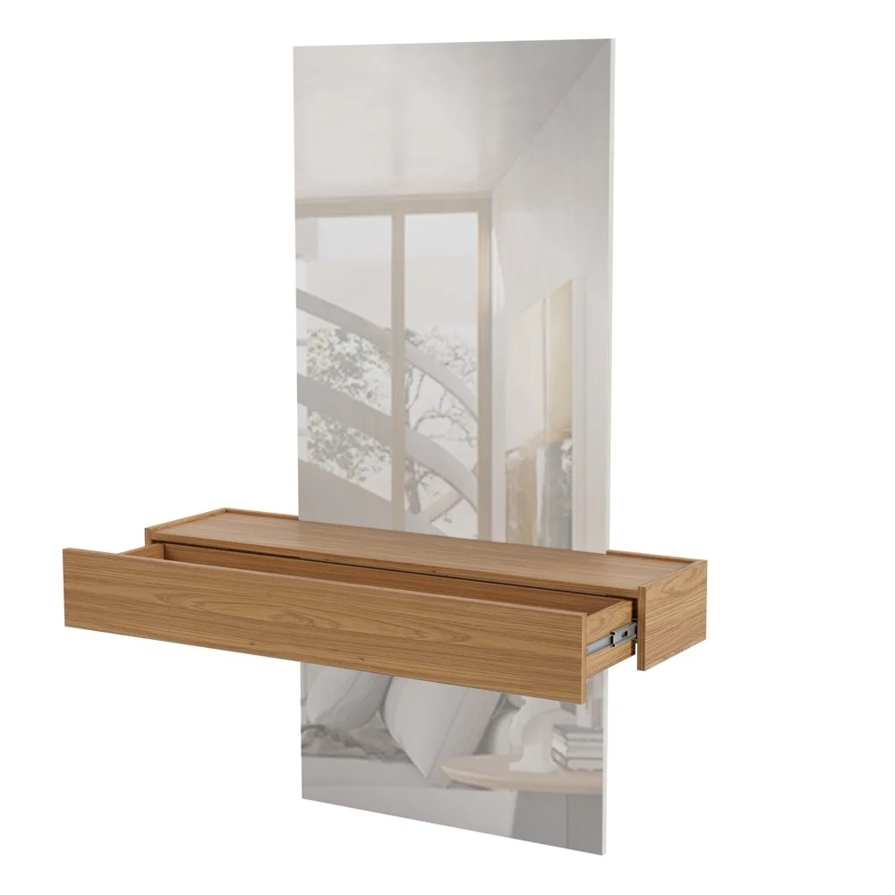 Espelho Decorativo com Bancada Suspensa Faces D01 Freijó/Off White - Mpozenato