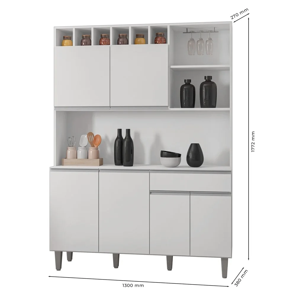 Kit Cozinha Compacta 130cm Com 6 Portas e 1 Gaveta Alice Branco - AJL Móveis