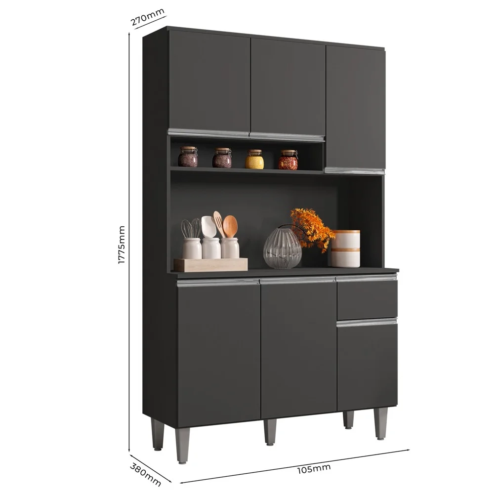 Kit Cozinha Compacta 105cm Com 6 Portas 1 Gaveta Márcia Cinza Escuro - AJL Móveis