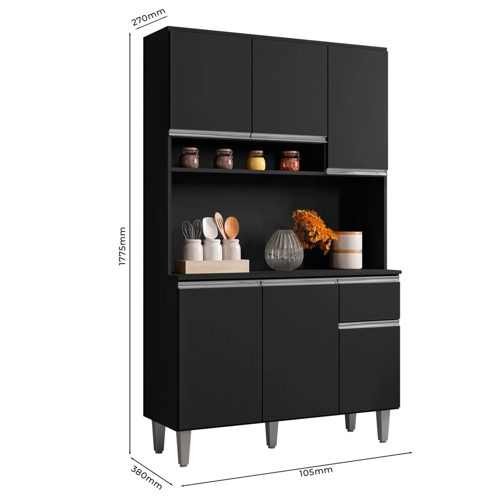Kit Cozinha Compacta 105cm Com 6 Portas 1 Gaveta Márcia Preto Fosco - AJL Móveis